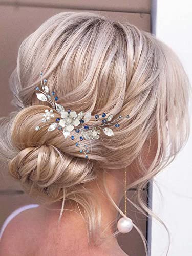 Unsutuo Menyasszony Esküvői Haj Fésű Virág Menyasszonyi Haj Kiegészítők Kék Kristály Haj Darab a Nők, Lányok