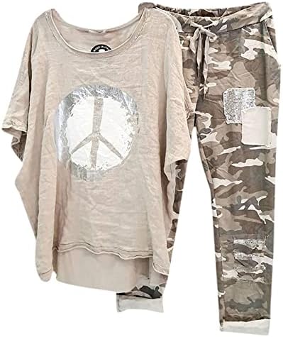 2 Darab Nyári Ruhák Női Alkalmi Pamut Ágynemű Kényelmes, Laza Fit Vintage Tshirt, valamint Nadrág Szett Rövid Ujjú Ruha