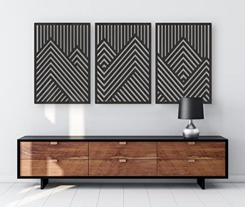 Fa Wall Art Hegyek Készlet 3 Geometriai Fa Dekor Panelek (Shadow Fekete)
