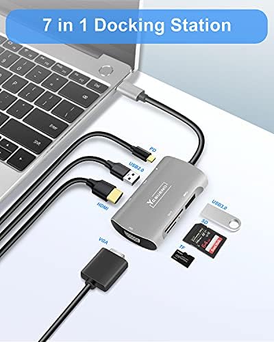 YCBUENO USB-C-Hub, Kettős Kijelző USB-C Adapter, 7 az 1-ben USB-C Dokkolóegység a 4K HDMI 1080P VGA, 100W PD, SD/TF