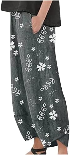 CHGBMOK Vászon Széles Láb Nadrág Női Elasztikus Derekú Társalgó Nadrág Virágos Nyomtatott Vágott Kényelmes Nadrág Zsebében
