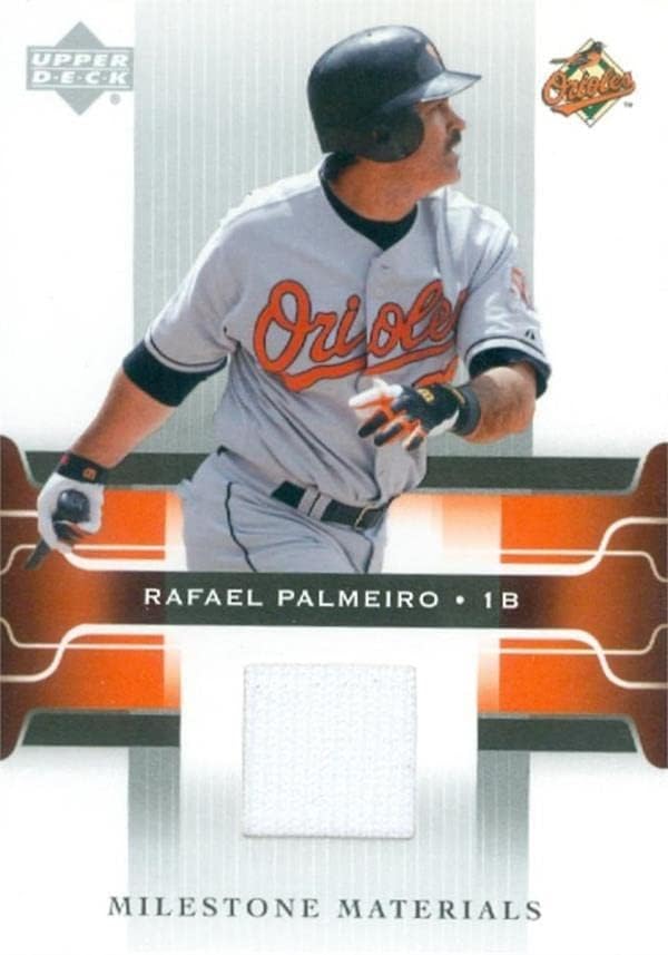 Rafael Palmeiro játékos kopott jersey-i javítás baseball kártya (Baltimore Orioles) 2005 Felső szint Mérföldkő Anyagok