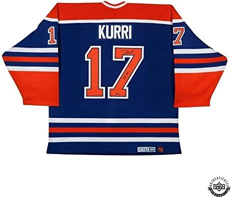 Jari Kurri Dedikált & Írva Edmonton Oilers® Hiteles Kék Jersey - Felső szint - Dedikált NHL-Mezek