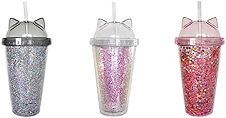 AEIOFU Víz, Üveg, Műanyag pohár Szívószál, Flitterekkel kétrétegű Üveg Vizet a Macska Fülét Csillogó Víz Kupa Lányoknak