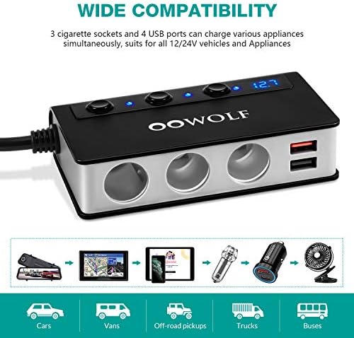 OOWOLF szivargyújtó Adapter-Gyors Töltés 3.0 180W 12V/24V-os 3-Foglalat Teljesítmény Elosztó 4 USB Port Autó Adapter
