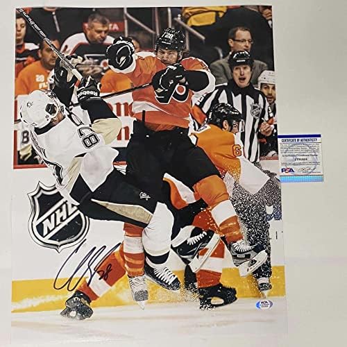 Dedikált/Aláírt Claude Giroux Szórólapok Sidney Crosby Hit 16x20 Fotó PSA COA - Dedikált NHL-Fotók