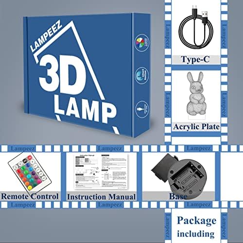 Lampeez 3D Nyúl Lámpa Nyuszi Éjszakai Fény 3D-s Illúzió lámpa Gyerekeknek, 16 Színek Módosítása a Távoli, a Gyerekek