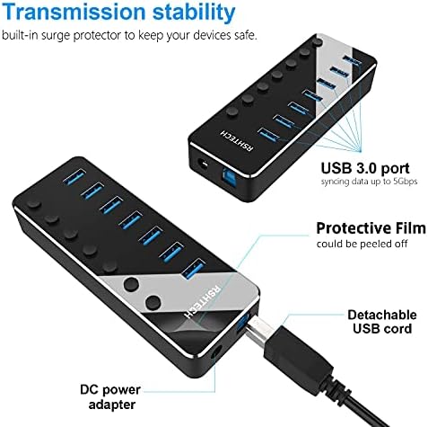 RSHTECH 7 Port Táplált USB 3.0 Hub AC Adapter + RSHTECH 6 az 1-ben USB-C Hub 4K HDMI, 100W PD, 3 USB 3.0 csatlakozó,