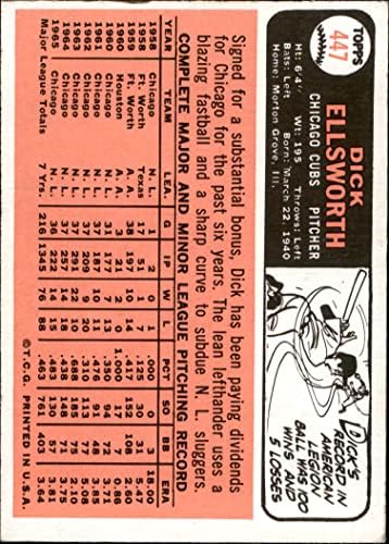 1966 Topps 447 Dick Ellsworth Chicago Cubs (Baseball Kártya) (Fotó Ken Hobbs) NM Cubs